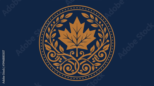 Elegant Canadian Maple Leaf Emblem on Dark Blue Background.