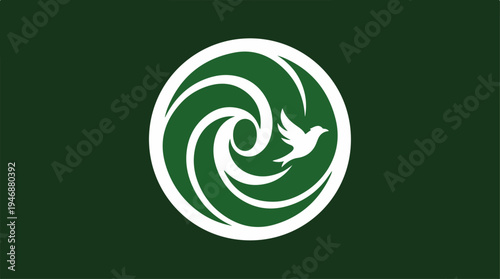 Elegant emblem of a dove within a swirling green circle design.