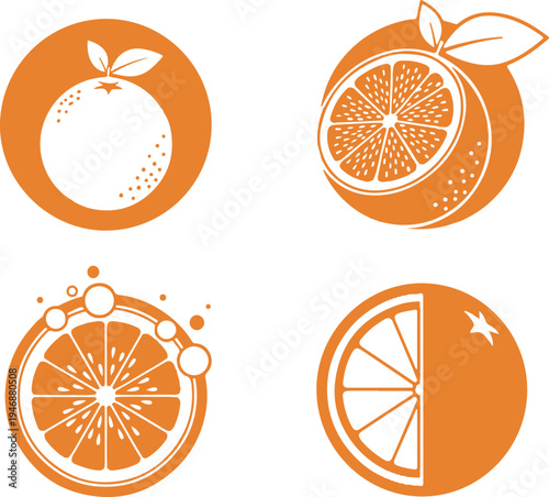 Vectoe art of collection of orange fruit icons in various styles and slices