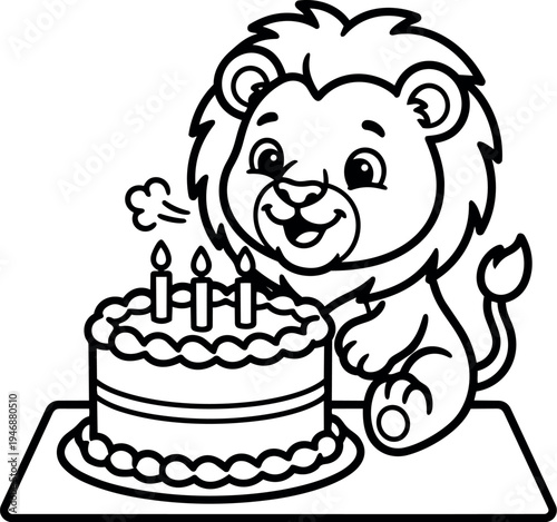 Cute lion cub blowing out candles on birthday cake sitting on table black and white line art illustration