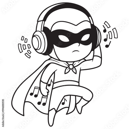 Cartoon Superhero Listening to Music with Headphones
