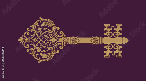 Elegant golden key design on a rich purple background, intricate details.