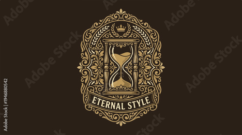 Elegant golden hourglass design with intricate ornamental details and text.