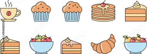 Cute bakery breakfast food icon set with coffee muffins pancakes cake croissant and fruit bowls, cozy cafe dessert collection vector illustration