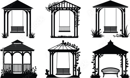 WebGarden, gazebo, silhouette, set, pergola, with, porch, swing, bench, outdoor, pavilion, structure, icons, for, backyard, landscaping, architecture, vector, graphic, design.