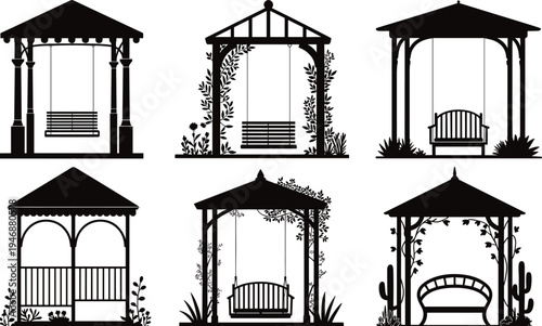 WebGarden, gazebo, silhouette, set, pergola, with, porch, swing, bench, outdoor, pavilion, structure, icons, for, backyard, landscaping, architecture, vector, graphic, design.