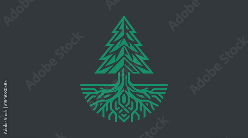 Elegant green tree logo design with intricate root system.