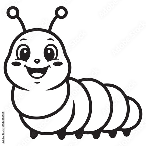 Adorable Cartoon Caterpillar with Big Eyes and Smiling Face, Black and White Line Art