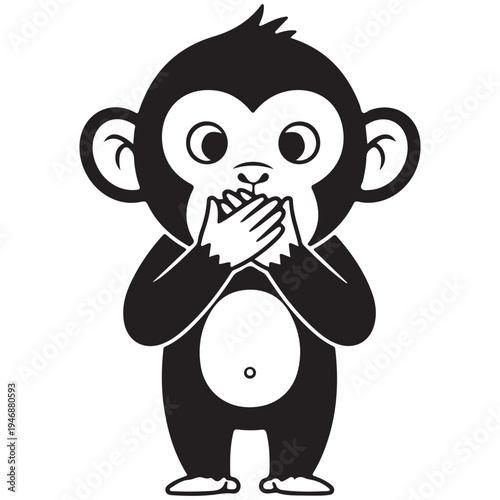 Cartoon Monkey Covering Mouth in Black and White