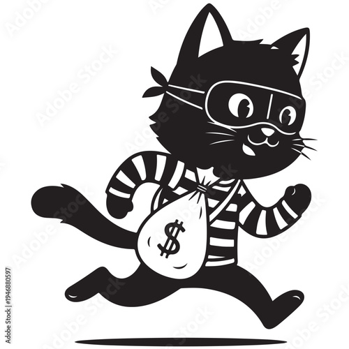Cartoon Bandit Cat Running with Money Bag