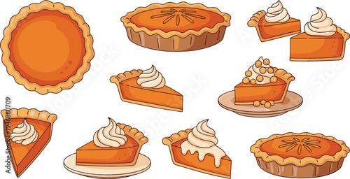 Pumpkin pie dessert collection with slices and whipped cream topping, delicious autumn bakery sweets for thanksgiving celebration cartoon vector illustration