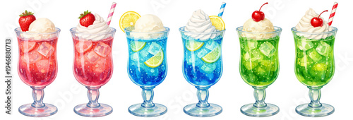 A watercolor collection of colorful cream sodas in vintage glasses for dessert menus, retro diner designs, summer drink illustrations, and cafe menu artwork.