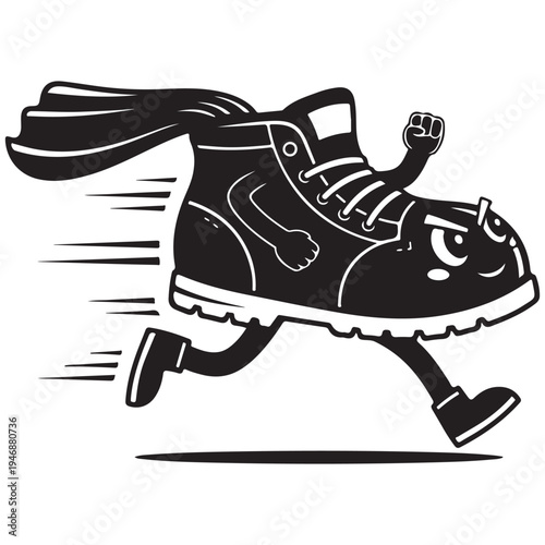 Cartoon Hiking Boot Running with Cape and Speed Lines