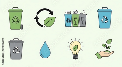 Icons represent recycling, waste management, and environmental care.