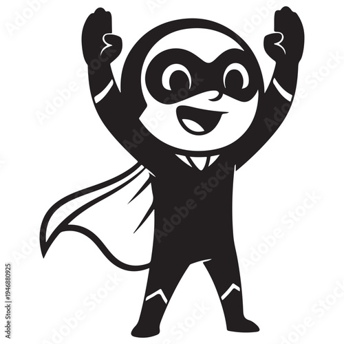 Cheerful Cartoon Superhero with Cape and Mask Celebrating