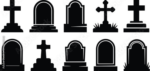 WebSet of black tombstone silhouettes with graveyard headstones, funeral crosses, cemetery monuments, and burial markers isolated on a white background.
