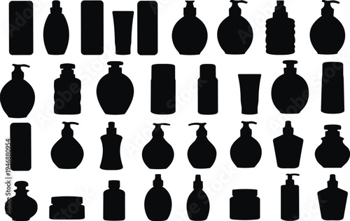 WebSet of black cosmetic bottle silhouettes including spray, pump, cream jar, lotion tube, and perfume containers isolated on white background.