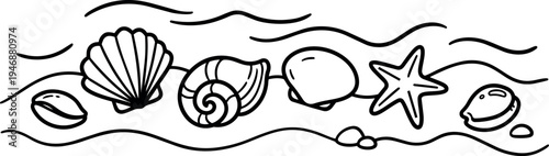 Black and white line art drawing of various seashells and starfish on sandy beach with wavy ocean water background