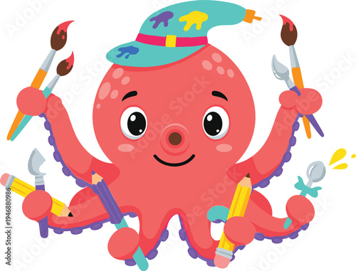 Cute octopus artist character holding paintbrushes and art tools, creative marine cartoon mascot for kids creativity education and colorful vector illustration