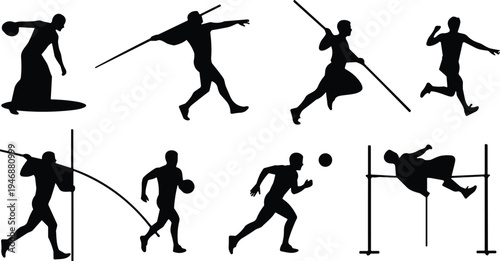 WebSet of black track and field athlete silhouettes featuring javelin throw, discus, high jump, pole vault, and running events isolated.