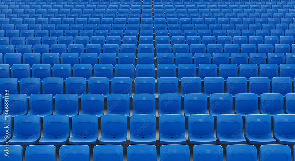 Naklejka premium Rows of empty bright blue stadium seats create a repeating geometric pattern