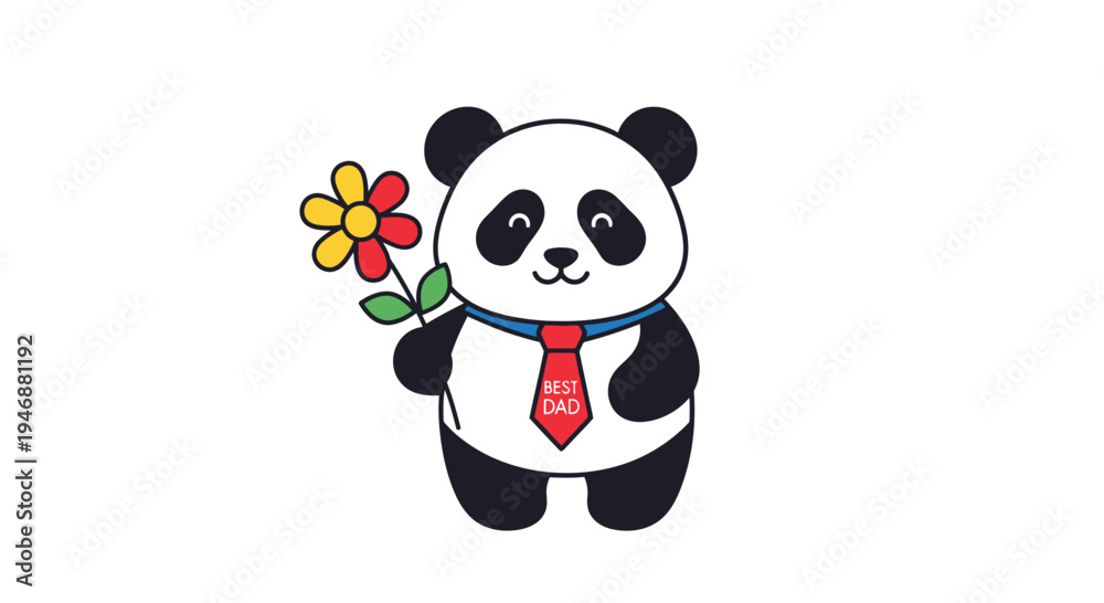 Naklejka premium Cartoon Panda Bear with Flower and Tie Illustration.