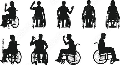 WebSet of silhouettes of people using wheelchairs, diverse disabled men and women sitting in manual wheelchairs waving and sitting still