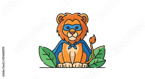 Cartoon Lion Superhero with Mask and Cape in Green Foliage.