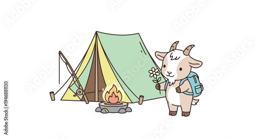 Cartoon Goat Camping Adventure with Tent and Campfire Illustration.