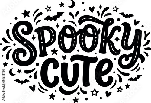 Halloween spooky cute hand lettering with stars bats moon and heart decorative elements black vector art design