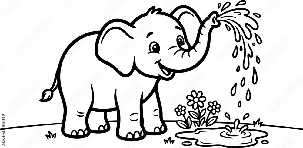 Fototapeta premium Cute cartoon baby elephant spraying water with trunk near puddle and flowers in simple black line art style