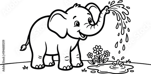 Cute cartoon baby elephant spraying water with trunk near puddle and flowers in simple black line art style
