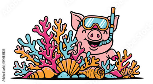 Cartoon Pig Snorkeler Amidst Vibrant Coral Reef and Seashells.