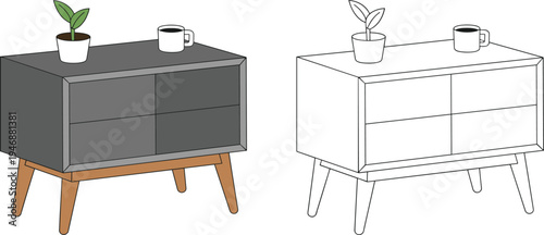WebVector illustration of modern cabinet furniture, isometric design, potted plant decor, coffee mug accessory, storage compartments, line art, interior decoration