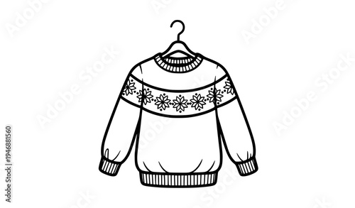 Winter sweater on hanger coloring page black and white clothing vector illustration