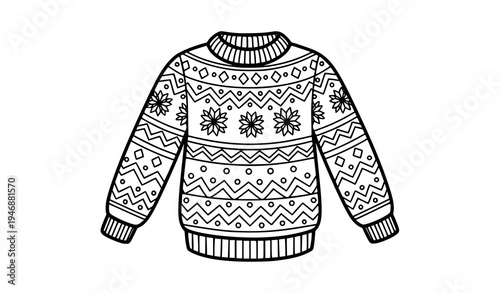 Festive winter sweater coloring page black and white knitted clothing vector