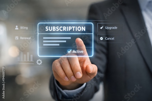 Person managing digital subscription plan on virtual screen interface with active status