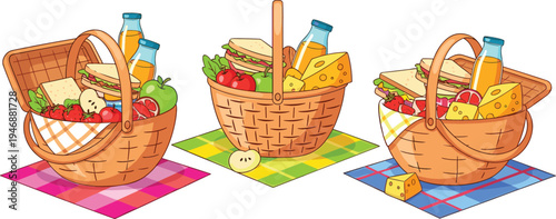 Picnic basket set with sandwiches cheese fruits and juice bottles on colorful blankets, outdoor summer picnic food collection cartoon vector illustration