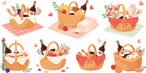 Romantic picnic basket collection with wine flowers fruits and snacks, cute love themed outdoor picnic illustration set for Valentine celebration vector design