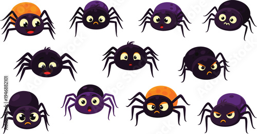 Cute cartoon spider character collection with different emotions, funny Halloween insects set, colorful spooky arachnid mascots for kids stickers and vector illustration