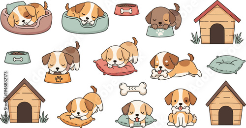 Cute puppy daily life cartoon set with sleeping eating playing dogs, pet accessories dog house bowl bone and adorable puppy vector illustration