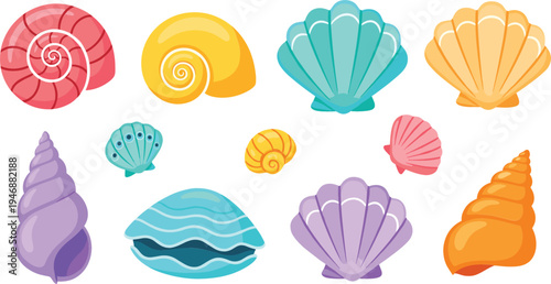 Colorful seashell collection with spiral conch scallop and clam shells, vibrant beach ocean elements set for summer design and marine vector illustration