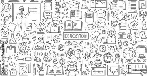 Education Doodle Background with School Supplies, Science Elements, Teachers and Students in Hand Drawn Line Art Vector Illustration Pattern