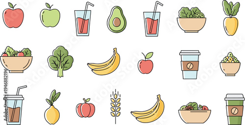 Healthy food doodle icon set with fruits vegetables smoothies coffee and salads, colorful hand drawn nutrition elements for menu diet and wellness design