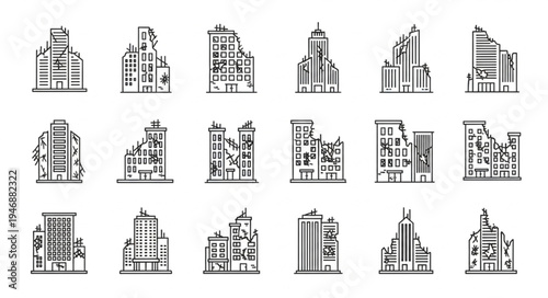 Collection of Modern City Buildings in Hand-Drawn Style.