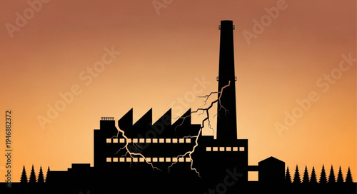 Silhouette of a factory with lightning strikes during sunset.