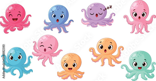 Cute kawaii octopus cartoon character set with different emotions colorful sea animals collection for kids stickers nursery design and playful ocean illustration