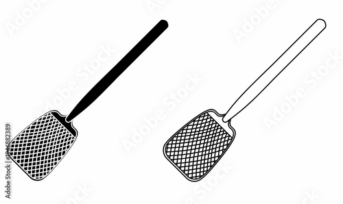 flyswatter icon set or fly-swat or fly swatter. vector illustration in outline and silhouette. isolated white background.
