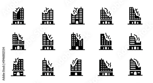 Collection of Damaged Building Icons Depicting Destruction and Disaster.