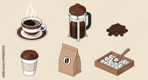 Isometric Coffee Elements Set with French Press, Cup, and Beans